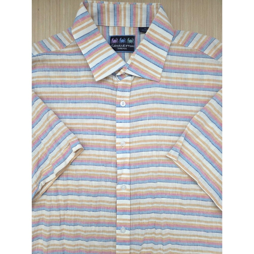 Charleston Threads Mens XL Linen Cotton Short Sleeve Button Down Shirt Striped